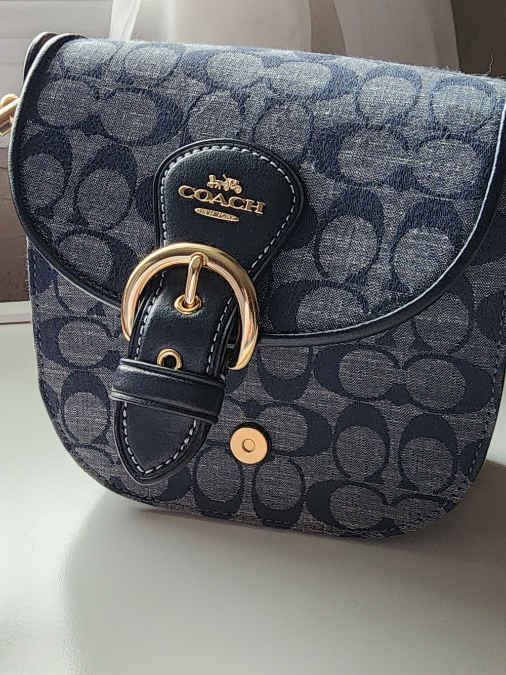 Coach Signature Denim Saddle Crossbody Bag with Tan Leather Trim - Picture 2 of 11